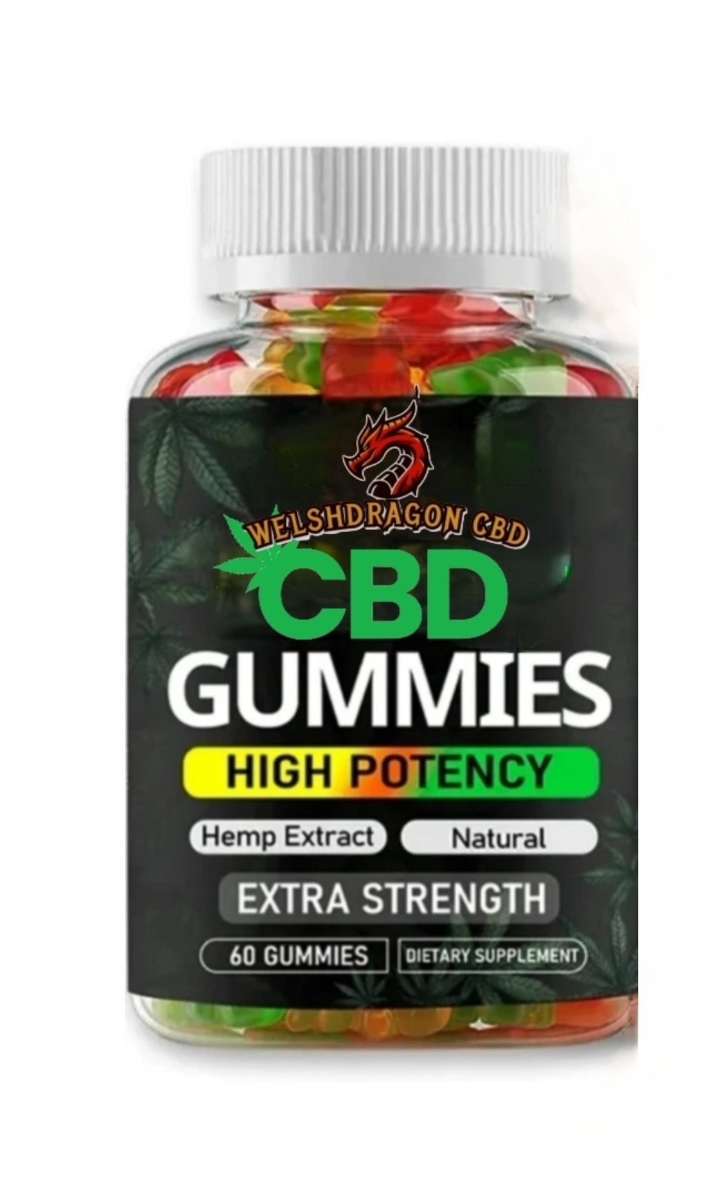 WelshDragon CBD High Strength CBD Gummies Bottle 60x gummies. Vegetarian